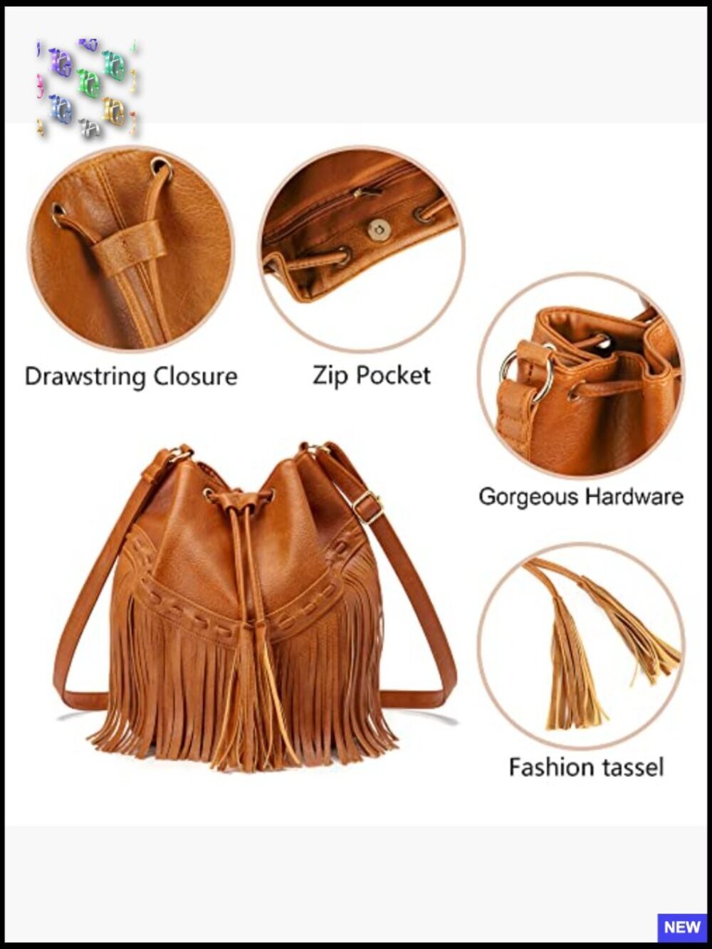 Retro Fringe Hobo Bucket Bag Crossbody Shoulder Purse Tassel Drawstring Closure - Picture 5 of 7